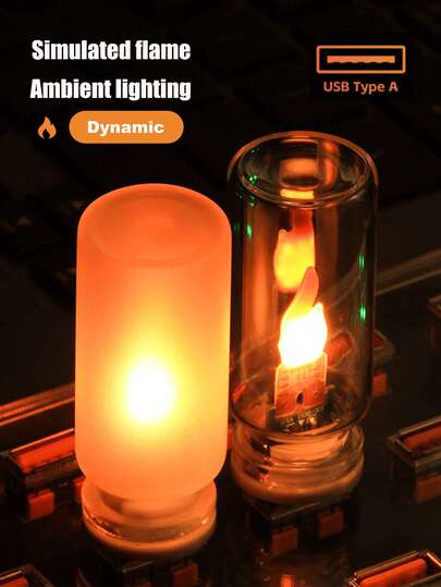 车载USB氛围灯闪烁火焰LED夜灯 - 磨砂透明玻璃蜡烛，触摸控制氛围灯，适用于汽车/卧室