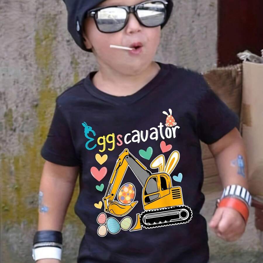 Camiseta de niño preadolescente de moda de verano para Pascua "EXCAVADOR DE HUEVOS" con estampado de conejo excavadora de dibujos animados, cuello redondo casual, manga corta, ajuste regular, poliéster 96%, elastano 4%, bajo asimétrico, ligeramente elástica, tejido de punto - Negro - Ver 1