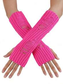 1 Pair Solid Color Hollow-Out Knitted Fingerless Arm Warmers, Streetwear Style, Acrylic Yarn, Mid-Length, Suitable For Autumn/Winter, Students, Office, Writing, Keeping Hands Warm - A - Xem 9