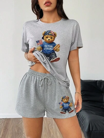 女士卡通熊印花短袖T恤和短裤休闲套装 夏季