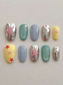 10Pcs Handmade Press On Nails, Short Oval Mirror Multicolor Fake Nails, Retro Y2K Style, Star Bow Stripe Polka Dot Rhinestone Pattern, Easy Apply Nail Supplies, Travel Essential,Part,Wedding.Summer Nails,Fall Nails.Cute Nails,French Tip Nails - Multicolor - View 2