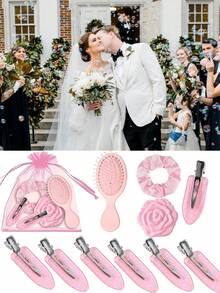 18/6件套玫瑰花镜礼盒，玫瑰花形镜子，缎面粉色发圈配欧根纱蝴蝶结发夹和气垫梳，婚礼派对礼物，粉色派对回礼，母亲节惊喜礼物，玫瑰金双面化妆镜，适合作为婚礼回礼、母亲节宾客礼物、伴娘伴郎礼物、婚礼回礼、生日派对礼物 - 多色 - 查看 6
