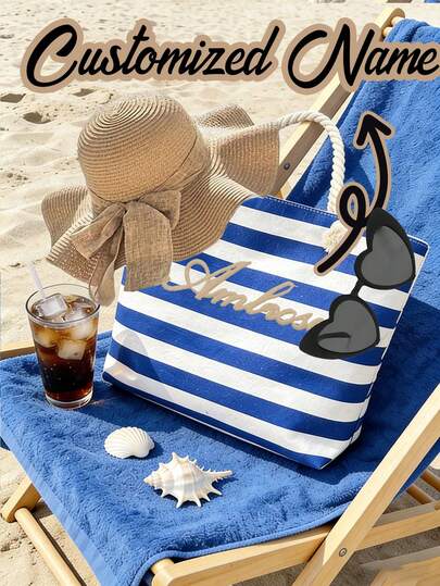 Personalisierte, bestickte Namen Strandtasche, Damen Sommer Strandtasche mit großer Kapazität, marineblau & weiß gestreifte Schultertasche, vielseitige Strandtasche, geräumige Alltagstasche, lässig-elegante Einkaufstasche, perfekt für Reisen, Arbeit, Einkaufen, gestreiftes Design, stabile Tragegriffe, geeignet für Strandurlaub, Reisen, Reiseutensilien. Valentinstag Geschenke, für Ihre Liebsten. Hochzeitssaison, Souvenirs, Brautjungferngeschenke