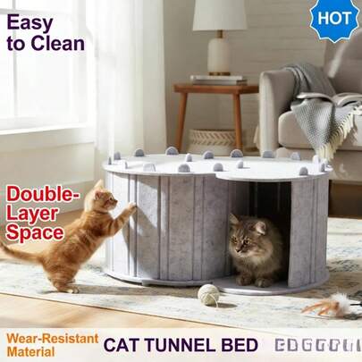 1 pieza Túnel plegable para gatos semi-cerrado, cama tipo cueva con apertura, desmontable y de doble capa de fieltro, para gatos y gatitos de interior, accesorios y juguetes para gatos