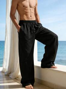 Pantalones casuales y deportivos de unicolor para hombres, de estilo holgado y de pierna ancha, con cordón y cinturón en la cintura, cómodos de llevar, adecuados para el trabajo diario, el ocio, las vacaciones, los deportes al aire libre y otras ocasiones, se pueden usar durante todo el año. - Negro - Ver 5