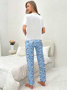 Bộ đồ nữ mùa xuân/hè in hình gấu trúc và chữ cái, gồm áo và quần, thích hợp mặc ở nhà và mặc hàng ngày. - Nhiều màu - Xem 3