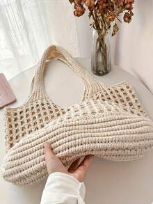 2026 Back To School Season, Plus Size Women Handbag, Women Knitted Shoulder Bag, Vintage Hollow Out Woven Large Capacity Floral Decor Tote Bag, Crochet Bag, Women Crochet Bag, Summer Beach Tote Bag , Beach Bag[US-Based Shipping]Spring Outfit Ideas, Valentine's Day Gifts, Gifts For Women, Gifts For Girls. - 杏色 - 查看 7