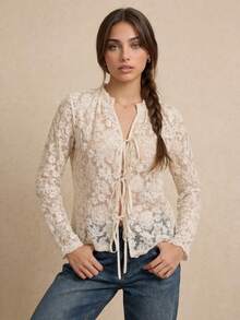 Semplice e raffinato cardigan casual elegante da donna con colletto alto, maniche lunghe, in colore unito e rete ricamata. Blusa casual nuova e versatile con fiocco e coulisse. Top estivo da donna. Abbigliamento primaverile da donna. Top da donna per feste e vacanze. Abbigliamento estivo elegante da donna per vacanze. - Albicocca - Visualizzare 4