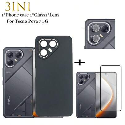 适用于 Te Cno Pova 7 5G 的三合一手机壳，TPU 硅胶软壳，防震，时尚，磨砂防黄变；9H 硬度钢化玻璃屏幕保护膜，防刮花，防裂，无气泡，游戏专用；镜头贴膜，3 件装超值套装；简易安装套件