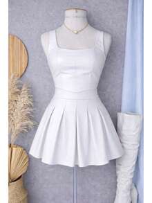 Conjunto Feminino Couro PU Cropped + Saia Rodada Cintura Alta Moda Blogueira  Festa  Casual  elegante    Couro PU    Plissado  Zíper    Saia  Noite  Formal e Noturno  Namorando  Férias    Outono  Inverno - Branco - Visão 2