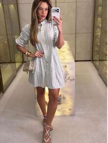 Midi Flared Shirt Dress With Mandarin Collar, High Button-Down Shirt, Linen Beach Cover-Up With Long Sleeves, Ruffled Trim, And Striped Design. - Blue - View 1