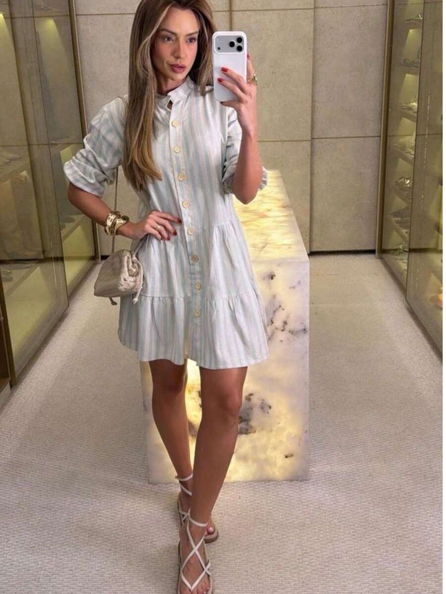 Midi Flared Shirt Dress With Mandarin Collar, High Button-Down Shirt, Linen Beach Cover-Up With Long Sleeves, Ruffled Trim, And Striped Design. - Blue - View 1