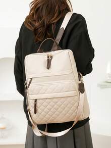 【优雅复古学院风双肩包】诠释都市通勤的永恒美学，精选优质PU皮革，呈现精致哑光褶皱纹理，触感柔软而坚韧，耐磨实用。金色拉链头点缀主隔层。 - 彩色 - 查看 3