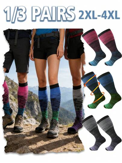 1/3 Pairs Plus Size & Thick 2XL-4XL Compression Socks, Fashionable Ombre Striped Women's Compression Socks, Men's Sports Compression Socks, Oversized Thick Sizes Suitable For Overweight People, Can Be Worn For Gym, Suitable For Flying, Basketball, Hiking, Marathon And Other Outdoor Sports