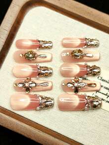 10pcs Handmade Ready-To-Wear Fake Nails, T-Shape Style, Shiny Pink Cat Eye Effect, Multiple Rhinestone Styles, Cool Girl Style, Reusable - 珊瑚粉 - 查看 6