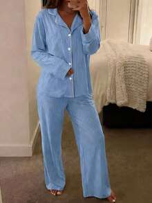 Nina Bonheur 两件套女士宽松舒适透气长袖上衣和长裤睡衣套装，可爱家居服 - 藍色 - 查看 4