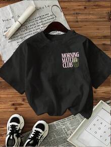 [Front And Back Double Image] Unisex Double-Sided Printed Spring Summer Casual Women's Top Fresh Style Matcha Ice Drink Morning Matcha Club Printed Round Neck Short Sleeve T-Shirt - 黑色 - 查看 2