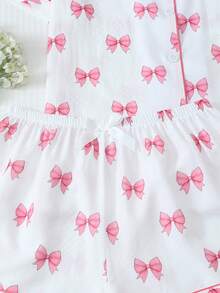2pcs Comfortable Butterfly Print Short Sleeve Collared Top With Pocket And Butterfly Shorts Pajama Set For Women - White - View 6