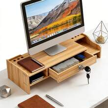 Soporte de monitor de madera, estantería de almacenamiento de doble capa, organizador de escritorio multifuncional con cajón con cerradura, soporte ergonómico para computadora con ranura para teléfono y caja de almacenamiento, administrador de computadora de escritorio, portátil, suministros de oficina, ideal para oficina en casa - Cajón con cerradura - Ver 6