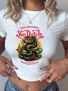 Van Dutch Motorcycles Speed Shop With Winged Eye Women's Casual Solid Color Crew Neck Short Sleeve Slim Fit Cropped T-Shirt Basic Summer Polyester Top, Versatile Everyday Wear, Perfect Gift For Her - trắng - Xem 1