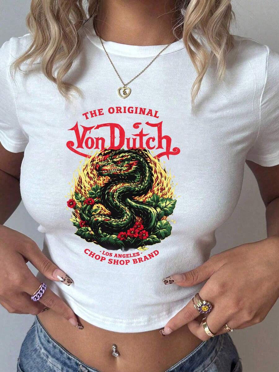 Van Dutch Motorcycles Speed Shop With Winged Eye Women's Casual Solid Color Crew Neck Short Sleeve Slim Fit Cropped T-Shirt Basic Summer Polyester Top, Versatile Everyday Wear, Perfect Gift For Her - trắng - Xem 1
