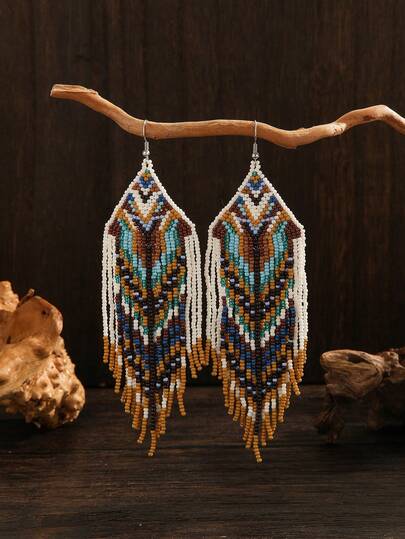 Handmade Tassel Earrings, Bohemian Style, Blue, Yellow, White Base Tones With Blue And Brown Accents, Geometric Tassel Pattern, Fashionable And Elegant Women's Earrings For Daily Wear, Vacation, Parties, Versatile Design, Ideal Gift For Family And Friends On Holidays