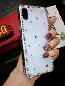 Fashionable Minimalist Rhombus Oblong Single Row Rhinestone Frame Transparent Phone Protective Case Suitable For IPhone 17 Pro Max/16 Plus/XS Max/7G With Crystal Lanyard Anti-Drop Phone Case - Pink - View 5