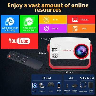 1pc M60 Portable Mini Projector, Supports WiFi, 1080P Full HD, 180° Rotatable Stand, Compatible With IOS/Android/Windows/USB, 60 ANSI Lumens, 16:9 Aspect Ratio, LCD Display, Button Control, 100-240V Power Adapter, No Battery Required