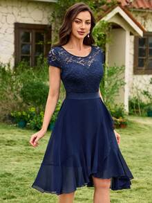 MIUSOL Floral Lace Round Neck Asymmetrical Ruffle Hem Chiffon Prom Party Swing Dress Wedding Spring - Navy Blue - View 6
