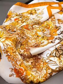 1条蝴蝶花卉图案仿丝缎面围巾，多功能头巾/围巾，适合女性旅行、度假、日常通勤 - FG369-1 薑黃色 - 查看 3