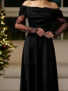 Women's Elegant Solid Color Party Dress With Lace Patchwork, Off Shoulder, Waist Cinched, Flared Hem Wedding Black Spring - Black - View 3