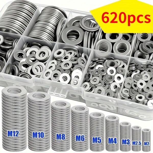 620pcs Flat Washer Set With Box - Durable Height Increasing Spacers, Polished Surface Finish, Size M2-M12, Suitable For Bolt And Screw Tightening, Industrial Maintenance & Daily Use, Bolt Tightening, Screw Tightening