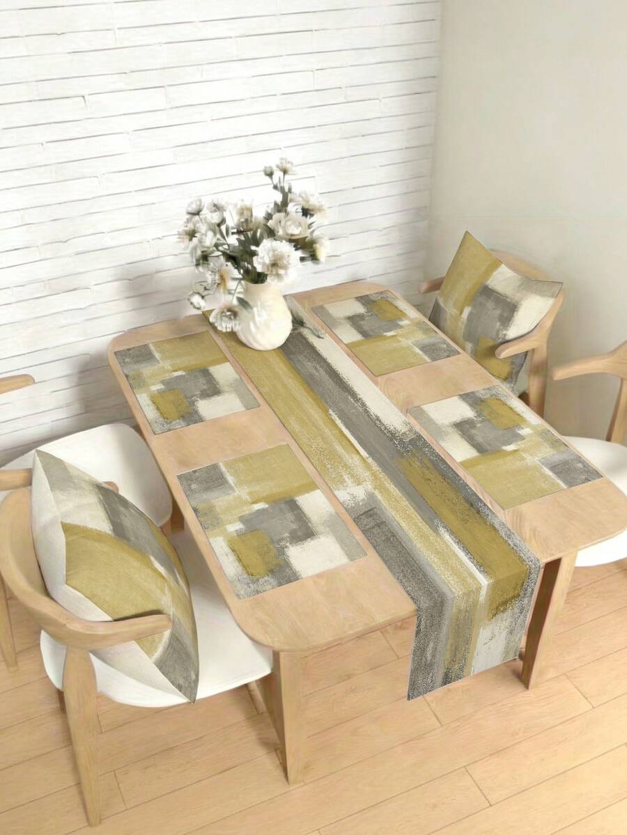 1/4/5/6/7pcs Bohemian Style Abstract Geometric Pattern Decor Set, Home Decoration Set For Living Room, Bedroom, Dining Room, Linen-Like Material, Multi-Size Options, Dining Table Decor, Fireplace Scarf, Placemats, Coasters - Yellow - View 1