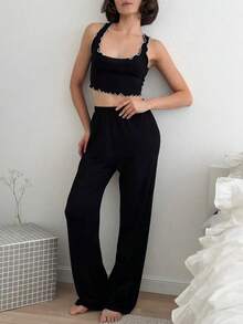 Bộ đồ mặc nhà 3 món bằng vải dệt kim mềm mại: áo khoác cardigan, áo hai dây và quần. - màu đen - Xem 6