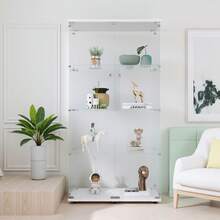 Vetrina in vetro, vetrina indipendente, vetrina in vetro a 4 ripiani con porta chiudibile a chiave, vetrina da collezione, vetrina per ufficio, soggiorno e camera da letto, 64,7" x 31,7" x 14,3" pollici, bianco/nero - 1PC - Visualizzare 6