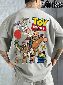 Disney Toy Story Printed Short Sleeved T-Shirt, Washed With Antique Style, Breathable, Loose, And Casual, Suitable For Daily Home Use, Spring And Summer Men's Short Sleeved Tops. - 灰色 - 查看 1