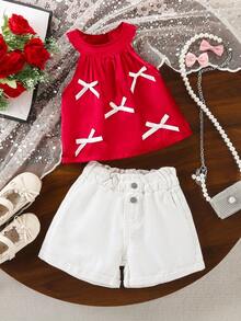 2pcs/Set Toddler Girls' Outdoor & Daily Gathering Lively & Sweet Bow Ribbon Decor Sleeveless Satin Halter Top And Casual Simple Button Rolled Hem Comfortable High Waist Floral White Denim Shorts Set - Multicolor - View 1