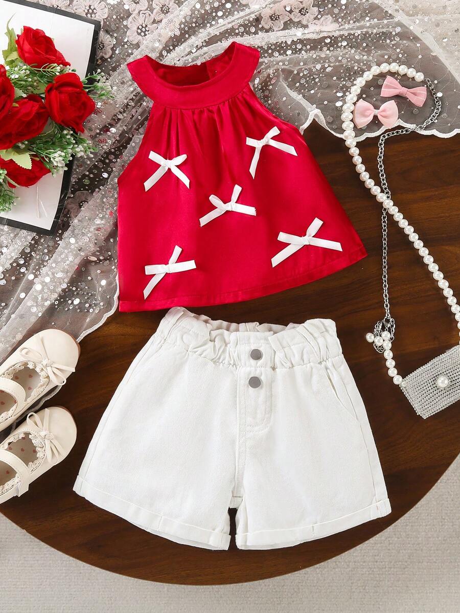 2pcs/Set Toddler Girls' Outdoor & Daily Gathering Lively & Sweet Bow Ribbon Decor Sleeveless Satin Halter Top And Casual Simple Button Rolled Hem Comfortable High Waist Floral White Denim Shorts Set - Multicolor - View 1