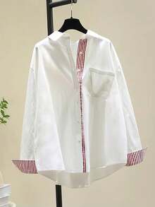 条纹拼接白色长袖衬衫，宽松休闲修身春季款 - 紅色 - 查看 9