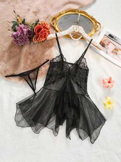 2pcs Erotic Lingerie Sexy Hot Mesh See-Through Cute Tulle Nightgown Temptation Suit Ladies