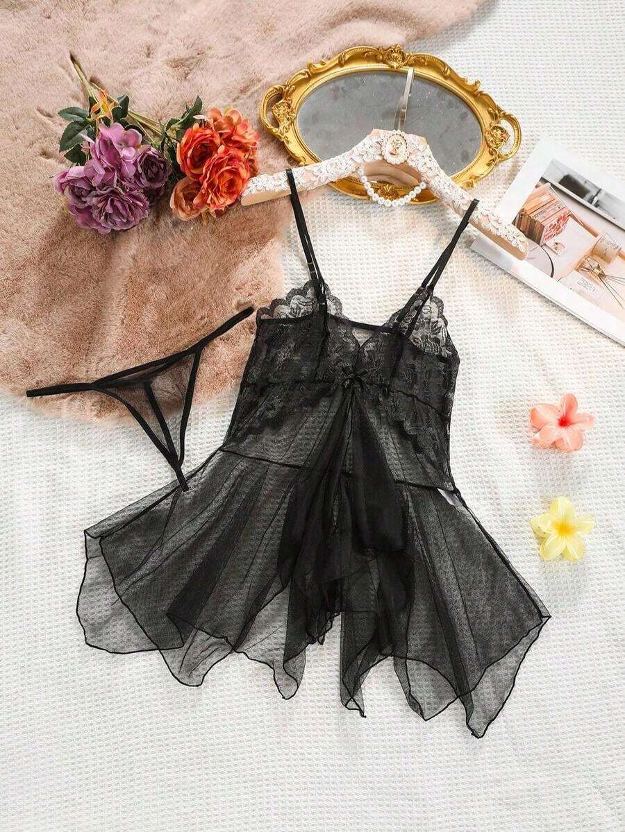 2pcs Erotic Lingerie Sexy Hot Mesh See-Through Cute Tulle Nightgown Temptation Suit Ladies - Xanh đậm - Xem 1
