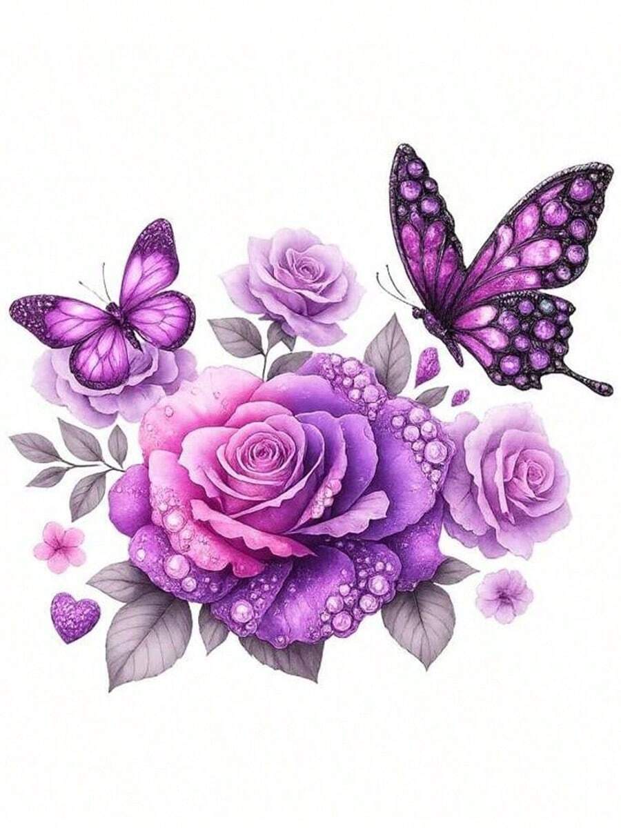 1 pieza/2 piezas/3 piezas Pegatinas de vinilo termotransferible con rosas púrpuras y mariposas, fáciles de planchar, lavables, duraderas, adecuadas para camisetas DIY, vaqueros, mochilas y almohadas - L - Ver 1