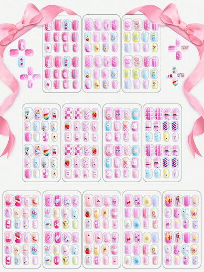  288 Pieces Spring/Summer Kids Nails Press Ons For Girls, NAIO Fake Nail Set Pre Glue Stick On Short Nails For Children Little Girls 3-12 Year Nail Art Decoration
