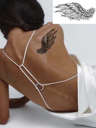 1 Sheet Body Art Temporary Tattoo Sticker Suitable For Both Men And Women, Black, European-Style Free Wing Design. Waterproof Fake Tattoo, Lasting 2-5 Days, Can Be Used On Hands, Arms, Neck, Chest, Shoulders, Waist, Legs, And Ankles. Perfect For Holidays, Parties, Gifts, Vacations, And Music Festivals.