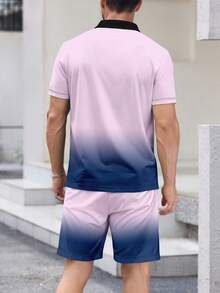 Bộ đồ thể thao nam gồm áo polo tay ngắn và quần short in hình cây dừa phối màu gradient, thích hợp cho kỳ nghỉ biển. - Nhiều màu - Xem 2