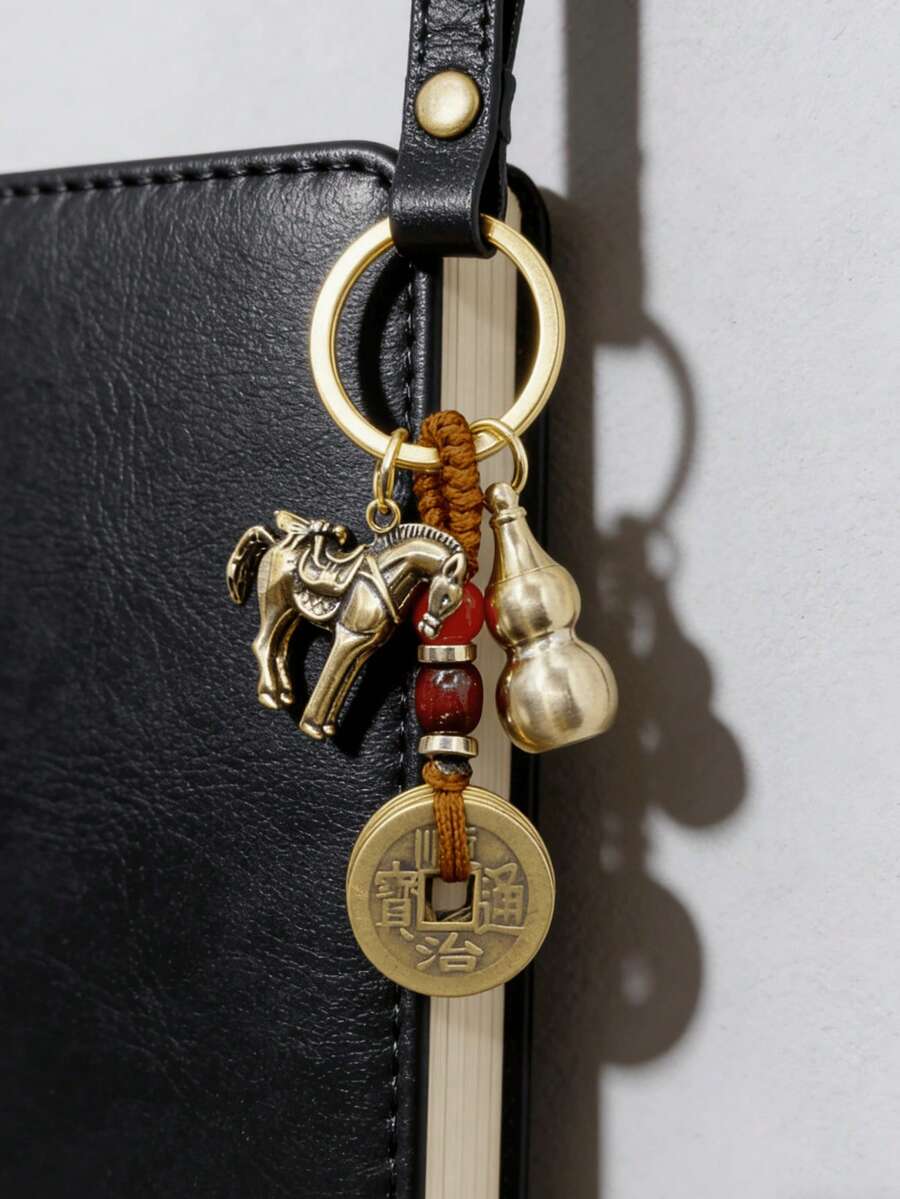 1Pc Good Luck Charm For Chinese New Year & Lunar Fortune Talisman - Vintage Brass Chinese Zodiac Keychain With Five Money, Jujube Fruit & Hua Ornaments -Success Charms For Men & Women, Auspicious Gift For Prosperity, Keychain Pendant Car Keychains, Car Parts, Ladies' Keychains, Bag Pendants, Wallet Pendants, Valentine's Day And New Year Gifts For Women - Multicolor - View 1