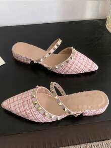 女士铆钉平底穆勒鞋，粗跟，包头，新款，适合搭配连衣裙，尖头低跟水钻软皮一脚蹬鞋 - 粉色 - 查看 6