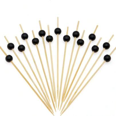 عيدان خشبية من البامبو طويلة 4.7 بوصة مزينة برؤوس كرات سوداء، أعواد للكوكتيل، أعواد أسنان لؤلؤية، تصميم بسيط وأنيق، مناسبة لتزيين الفواكه والمقبلات والكوكتيلات، مثالية للحفلات والأعراس والشواء