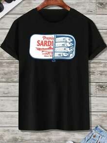 Camiseta Gráfica Vintage de Sardina para Hombre - Diseño Retro de Tatuaje de Pez, Texto "Premi SARDI", Manga Corta, Cuello Redondo, Mezcla Ligera de Poliéster, Perfecta para Ropa Casual de Verano.| Diseño Retro de Pez| Tela Ligera - Negro - Ver 3