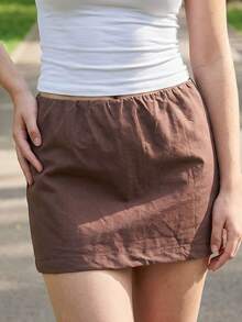 Women's Summer Mini Skirts Low Waist Solid Color Bodycon Skirt for Daily, Travel, Parties - marrón café - Ver 6